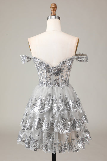 Silver Sparkly Corset Tiered Lace A-Line Short Homecoming Dress